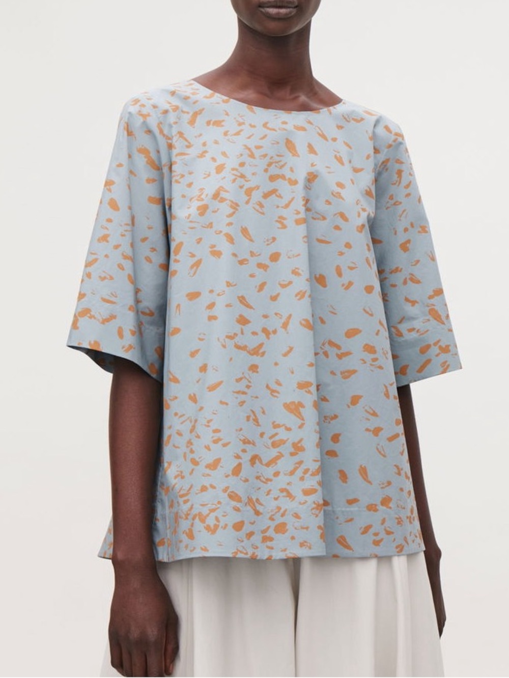 COS Organic Cotton Abstract Printed Blouse Slate Blue Ochre Gold Boxy Fit